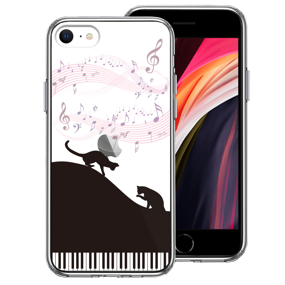 iPhoneSE(第3 第2世代) 側面ソフト 背面ハード ハイブリッド クリア ケース ピアノ シルエット猫 ブラック