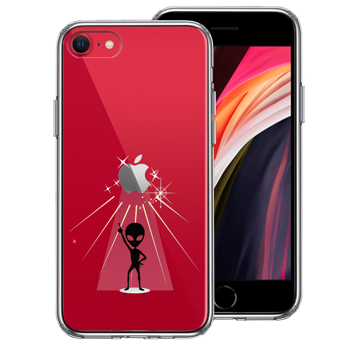 iPhoneSE(第3 第2世代) 側面ソフト 背面ハード ハイブリッド クリア ケース 宇宙人 フィーバー ブラック