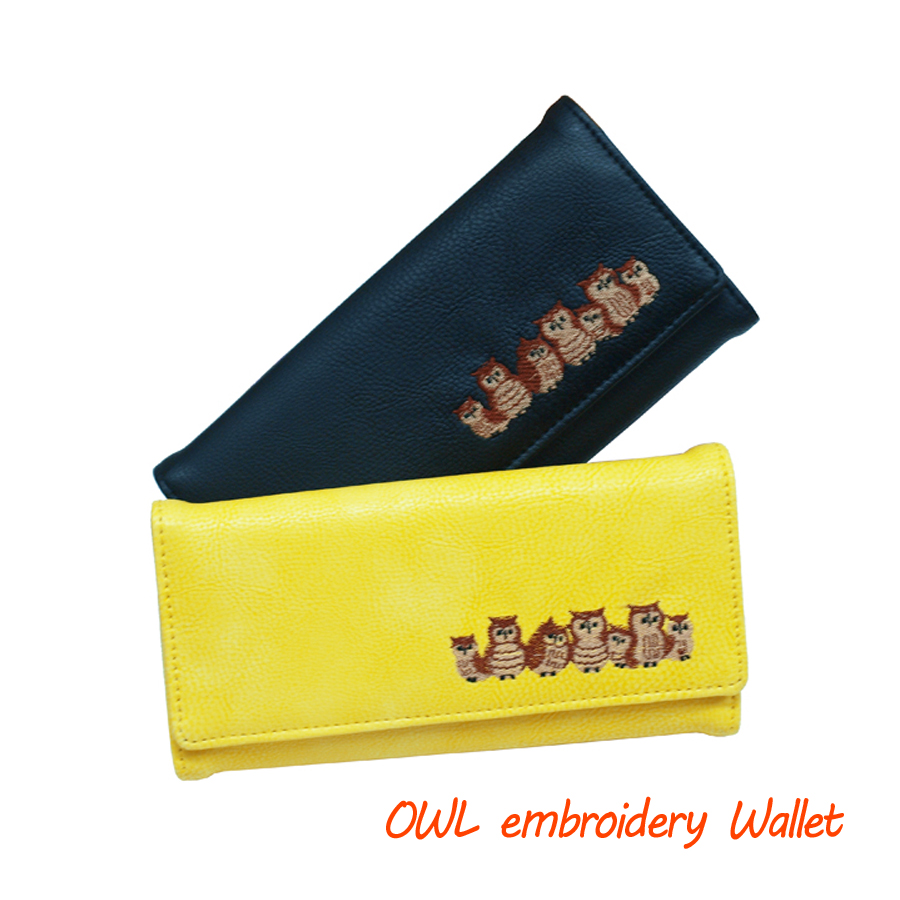 【かぶせタイプ長財布】かわいいフクロウ柄刺繍　シンプル　福財布　縁起物
