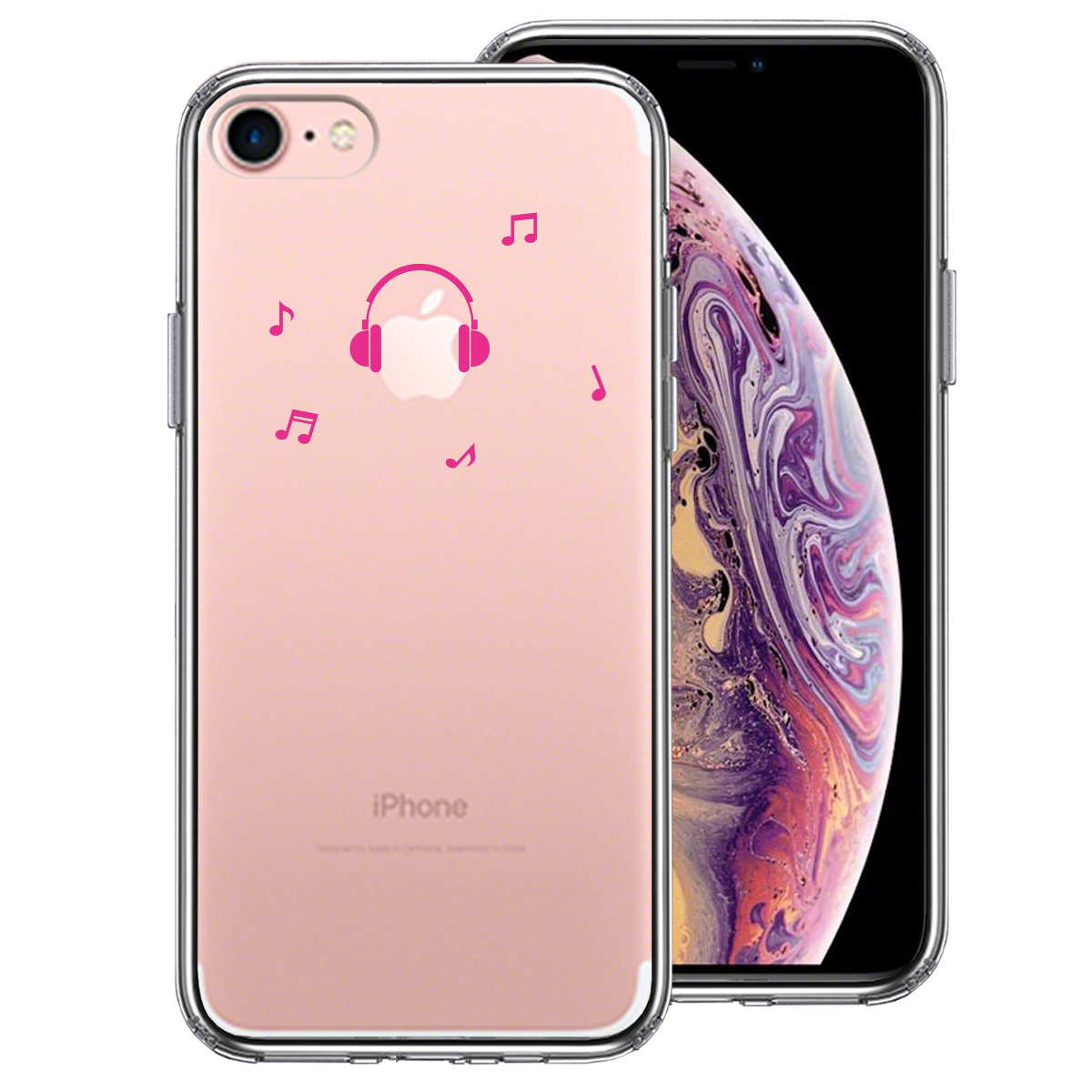 iPhone7 側面ソフト 背面ハード ハイブリッド クリア ケース 音楽 music ヘッドフォン ヘッドホン ピンク