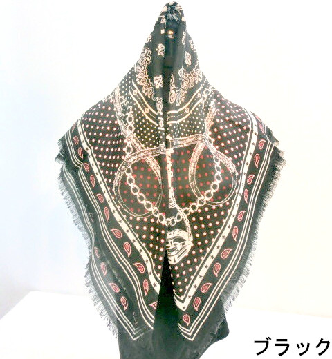 【ストール】【スカーフ】ウールペイズリー＆ベルト柄プリント日本製四角スカーフ