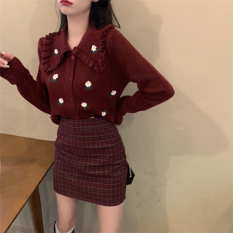 【クーポン使用可能】韓国ファッション カーディガン セーター チェック柄 スカート 格子縞 短いスタイル