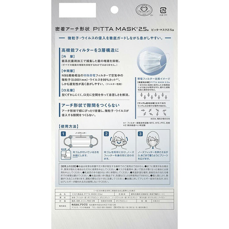 PITTA MASK PM2.5ウイルス対策不織布マスク アーチ形状 5枚×3袋 - 救急