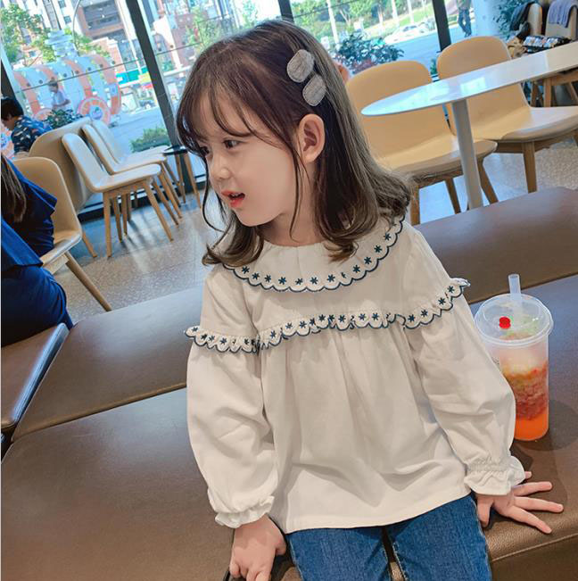 新作 韓国 子供服シャツブラウス 長袖 小花柄 刺繍フリル 2色 人気　新品  3-8歳