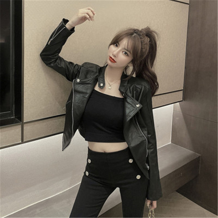 韓国ファッションリトルセクシー ホルタースーツカラー スリム ショートオールマッチ puレザージャケット