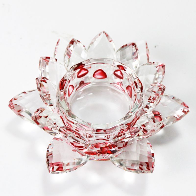 クリスタルガラス　蓮花台　お皿　小サイズ　レッドカラー　風水　置物　彫り物　インテリア　オブジェ