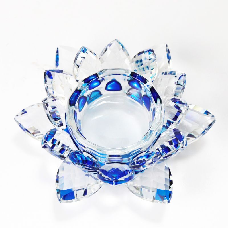クリスタルガラス　蓮花台　お皿　小サイズ　ブルーカラー　風水　丸玉台　置物　インテリア　オブジェ