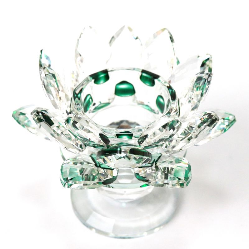 【売切セール品】クリスタルガラス 蓮花台 お皿 大サイズ グリーンカラー 風水 置物 彫り物