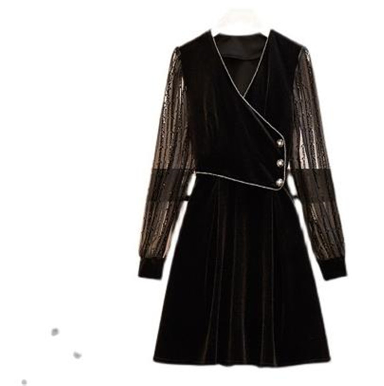 韓国ファッション 大きいサイズ小さな黒いドレス スリムフィット スリム 気高い Vネック ワンビース