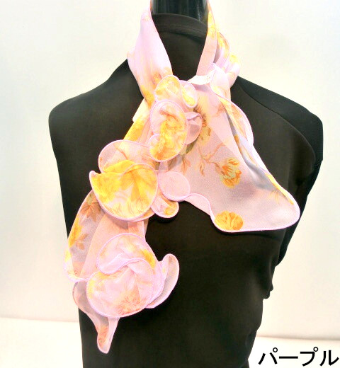 【スカーフ】【シルク】多色フラワー花モチーフ付き日本製ミニスカーフ