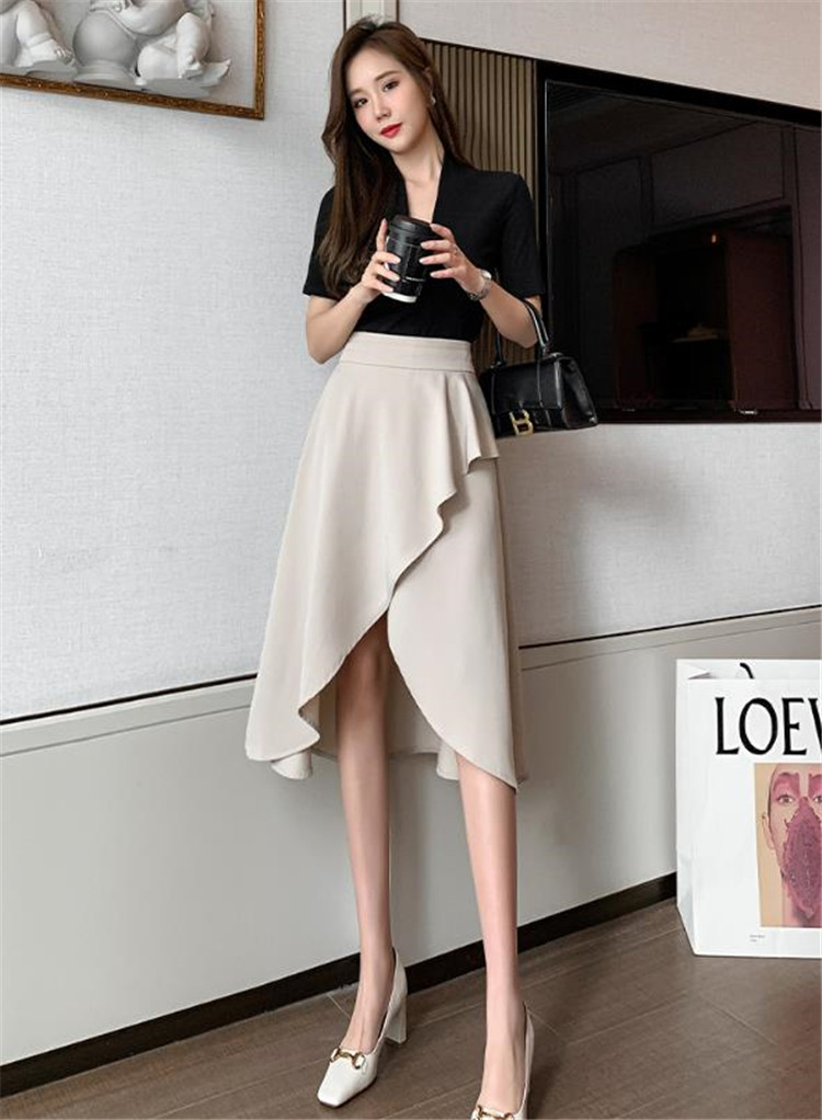 大人のデイリーウエア 韓国ファッション イレギュラー スリム ハイウエスト フリル スカート スリット
