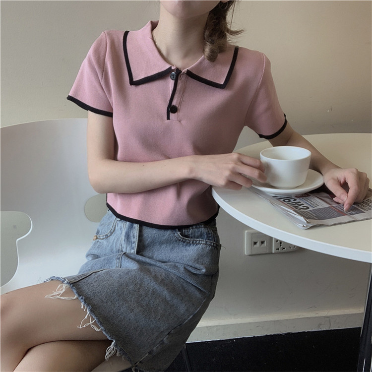 半袖  Tシャツ 女性 学生 トップス 百掛け 気質 夏 ラペル カラーマッチング シ短いスタイル