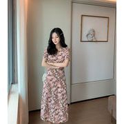 夏新作 Vネック 花柄 ワンピース スッキリウェストライン シフォン ロングスカート 韓国ファッション