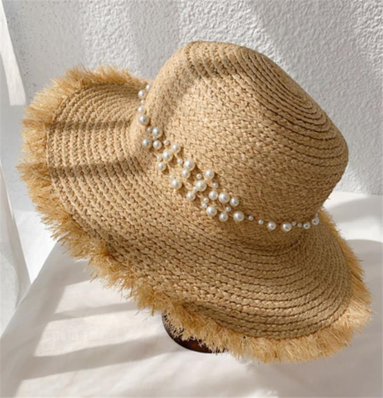 簡単にサマ見え新品 麦わら帽子 海辺 ビーチ 休暇 パール 装飾 日を遮る 日焼け止め 日よけ帽 折りたたみ式