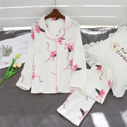 素敵なデザイン  高品質 女性 プリント パジャマ 長袖 カーディガン ロングパンツ セット ルームウェア