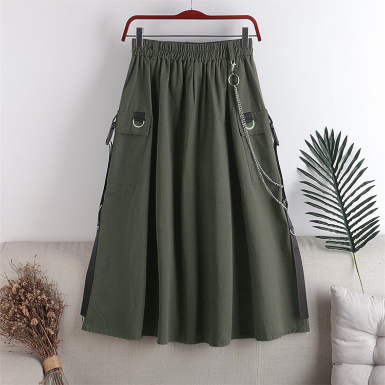上品見えが狙える 韓国ファッション チェーン ハーフレングススカート ロングスカート ポケットデザイン