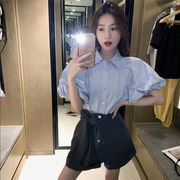 韓国ファッション 百掛け セット ピュアカラー 半袖 シャツ スリム ワイドレッグ ショートパンツ 2点セット