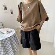 Tシャツ　半袖　無地　棉麻　オーバーサイズ　韓国ファッション　レディース