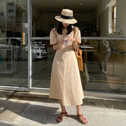 夏新作 ラウンドネック スリム効果 無地 ワンピース マキシ スカート レディース 韓国ファッション