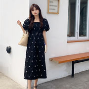 夏新作 スクエアネック パフスリーブ ロングタイプ ワンピース スカート レディース 韓国ファッション