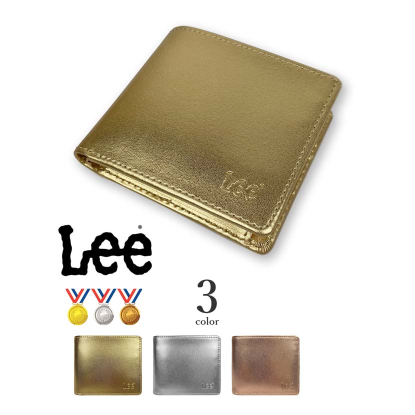 全3色 Lee リー リアルレザー メダルカラーデザイン 二つ折り財布 フラップポケット小銭入れ 本革