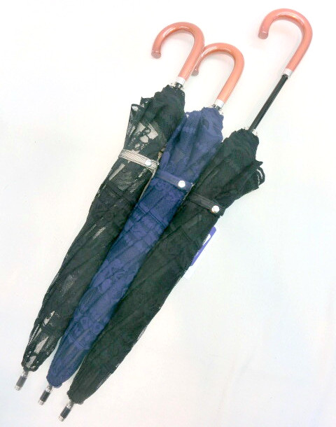 【晴雨兼用】【長傘】遮光率99.99％レース＆無地2重張サラサボーダー柄スライド手開き傘