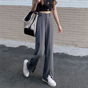 大人旬Style!!韓国ファッション ハイウエスト スプリット ワイドレッグ カジュアル スーツパンツ