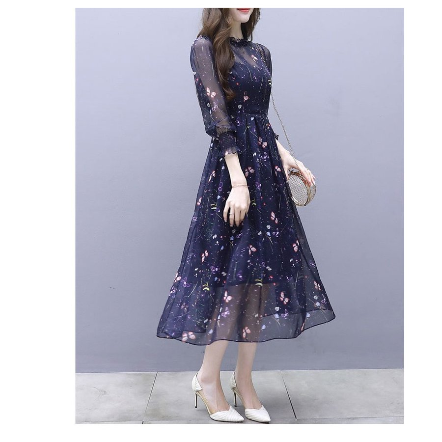 レディース 春夏 7分袖 シフォン ワンピース 蝶柄 プリントワンピ 膝丈 ワンピース 女性 アパレル 個人事業主 グッズワン 問屋 仕入れ 卸 卸売の専門 仕入れならnetsea