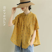 韓国ファッション ドット シャツ 半袖 カジュアル 大きいサイズ コットンリネン