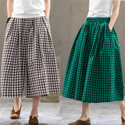 韓国ファッション ゆったりする 伸縮性ウエスト 七分丈 ワイドパンツ コットン リネン 格子縞 キュロット