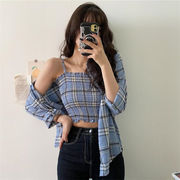 人目を引く美人 韓国ファッション ベアトップ シャツ タンクトップ 大人気 伸縮性 格子縞 セット