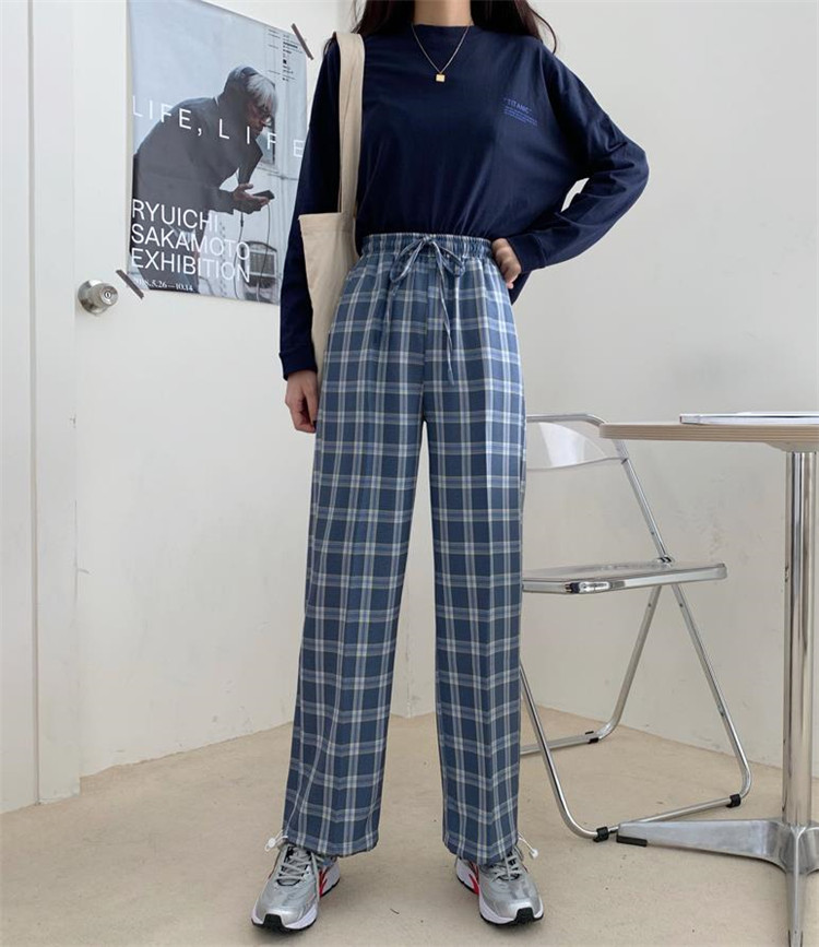 韓国ファッション ハイウエスト カジュアル テーパードパンツ チェック柄パンツ