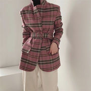 韓国ファッション 2021 秋 レトロ 格子縞 ラペル フェイクウール スーツ コート 腰を括る 気質 オシャレ
