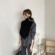 秋トレンド 韓国ファッション 縫付 シャツ フェイク2ピース ニットトップス セーター タートルネック