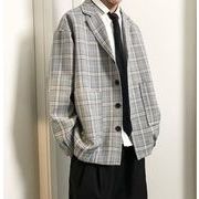 春秋  男 私服  韓国版  トップス   ブレザー   格子  オーバー   コート  レジャー  長袖   2色