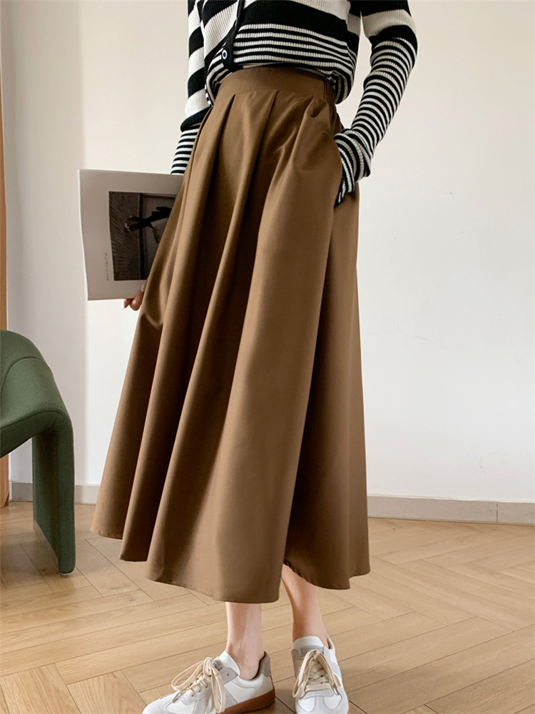 限定販売 2021年秋 ピュアカラー スカート 簡約 ハイウエスト スリム 大きい裾 Aライン