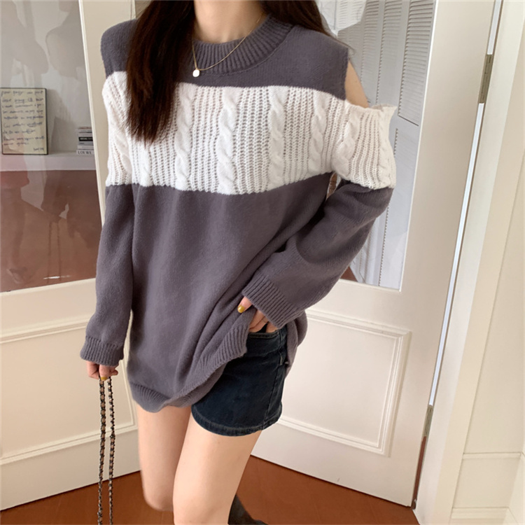 韓国ファッション 2021 秋 カラーマッチング グレー ニット 縫付 オフショルダー セーター 女性