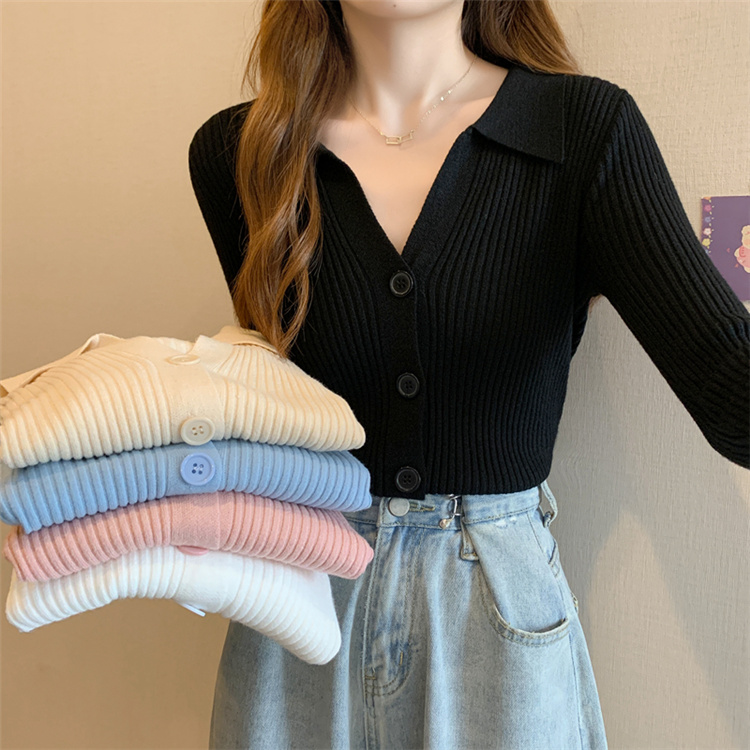 美少女すぎる 韓国ファッション 2021 秋冬 スリムフィット ニット カーディガン POLOネック セーター