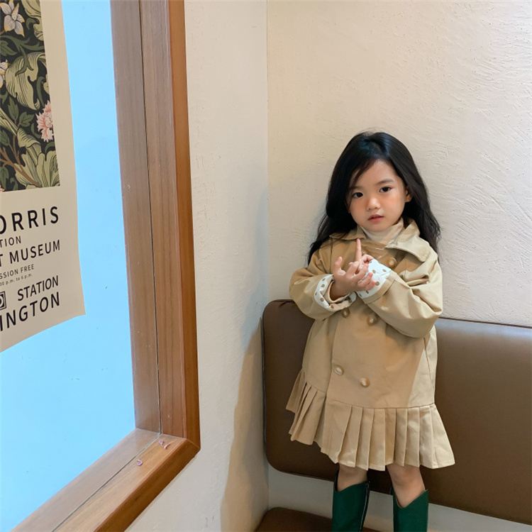 女の子 トレンチコート 2021 春秋 子供 赤ちゃん イギリス風 オシャレ ミドル丈 プリーツスカート コート