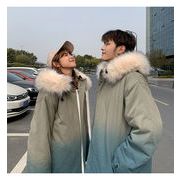 韓国ファッション 2021 冬 グラデーションカラー 綿の服 ルーズ 大きいサイズ カップル 毛皮の襟 コート