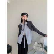 店長推薦 秋SALE 2021 スーツ コート ストライプ 縫付 フェイク2ピース デザインセンス トップス