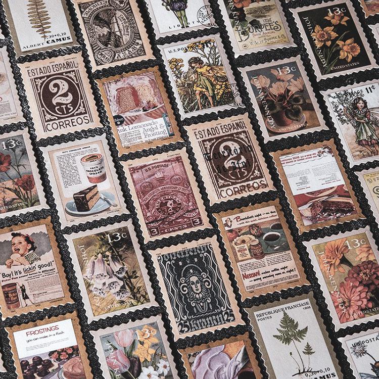 海外100枚 切手シール フレークシール ◆全８種類◆ スタンプシール 油絵 世界 名絵 アンティーク 手帳デコ