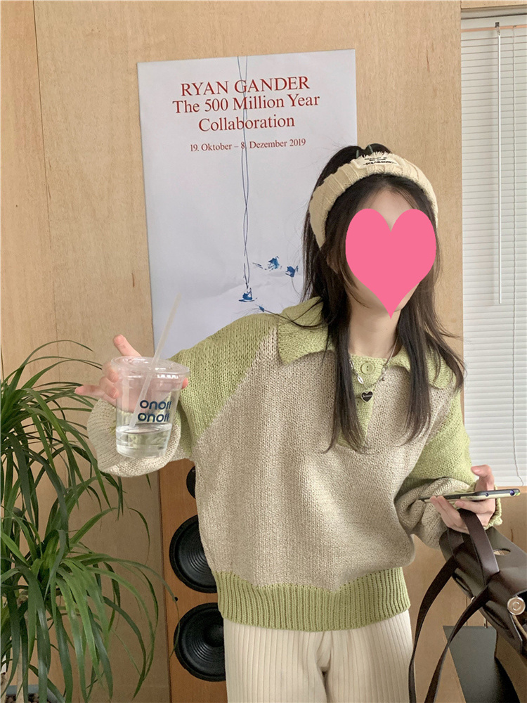 韓国ファッション 2021 秋  怠惰な風 ヒットカラー 縫付 POLOネック 厚手 セーター トレンド