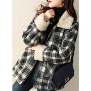 韓国ファッション 2021 冬 気質 カラーマッチング 縫付 子羊の毛ネック 厚手 コート カジュアル トレンド