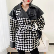 韓国ファッション 2021 冬 気質 オシャレ 千鳥格子 縫付 革 チェスターコート ゆったりする