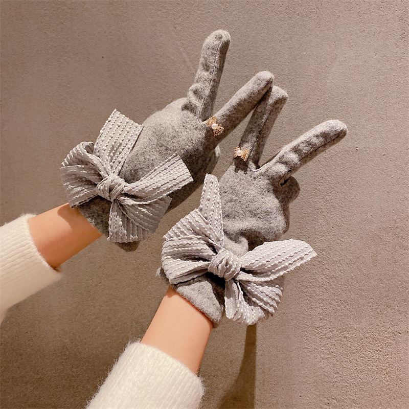 秋冬手袋　5本指　リボン　あったか　レディース　グレー系　韓国ファッション