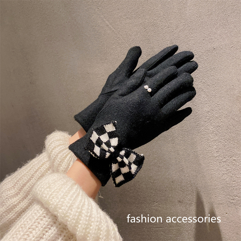 秋冬手袋　5本指　チェック柄蝶結び　あったか　レディース　韓国ファッション