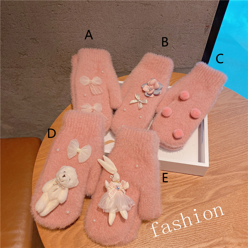 秋冬手袋　厚手　ポンポン　あったか　レディース　韓国ファッション　ピンク系