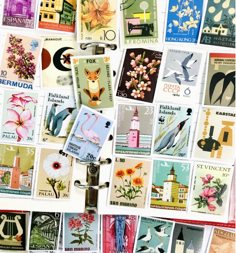 海外 シール フレークシール  50枚 切手 イラストステッカー 西洋 アメリカ ヨーロッパ 植物 動物 きつね