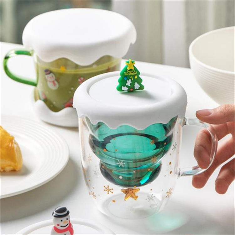 可愛い ガラスカップ 家庭用 耐熱性 クリスマス 2層 カップ レディース ふた付き